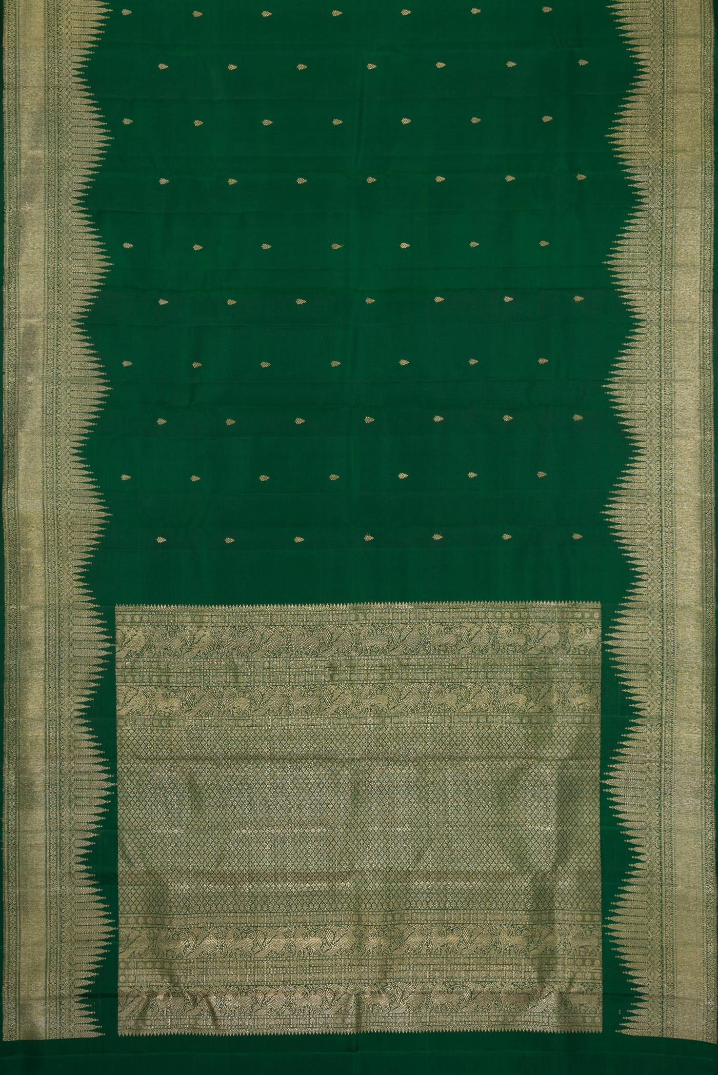Flat view of Bottle Green Dual Tone Kanjivaram Silk Saree with Zari Butta on the body and Fancy Border. 