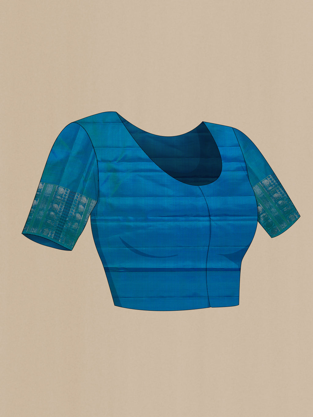 Close up image of the blouse of Peacock Blue Dual Tone Kanchipuram Silk Saree with Zari Brocade on the body and Fancy Border. 