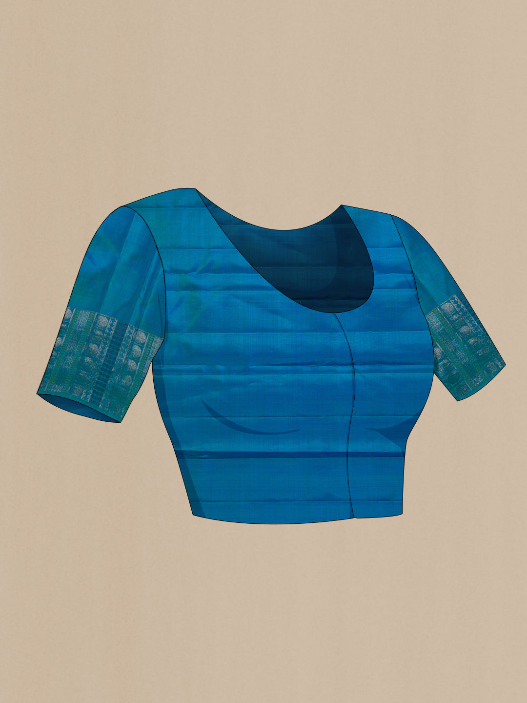 Close up image of the blouse of Peacock Blue Dual Tone Kanchipuram Silk Saree with Zari Brocade on the body and Fancy Border. 