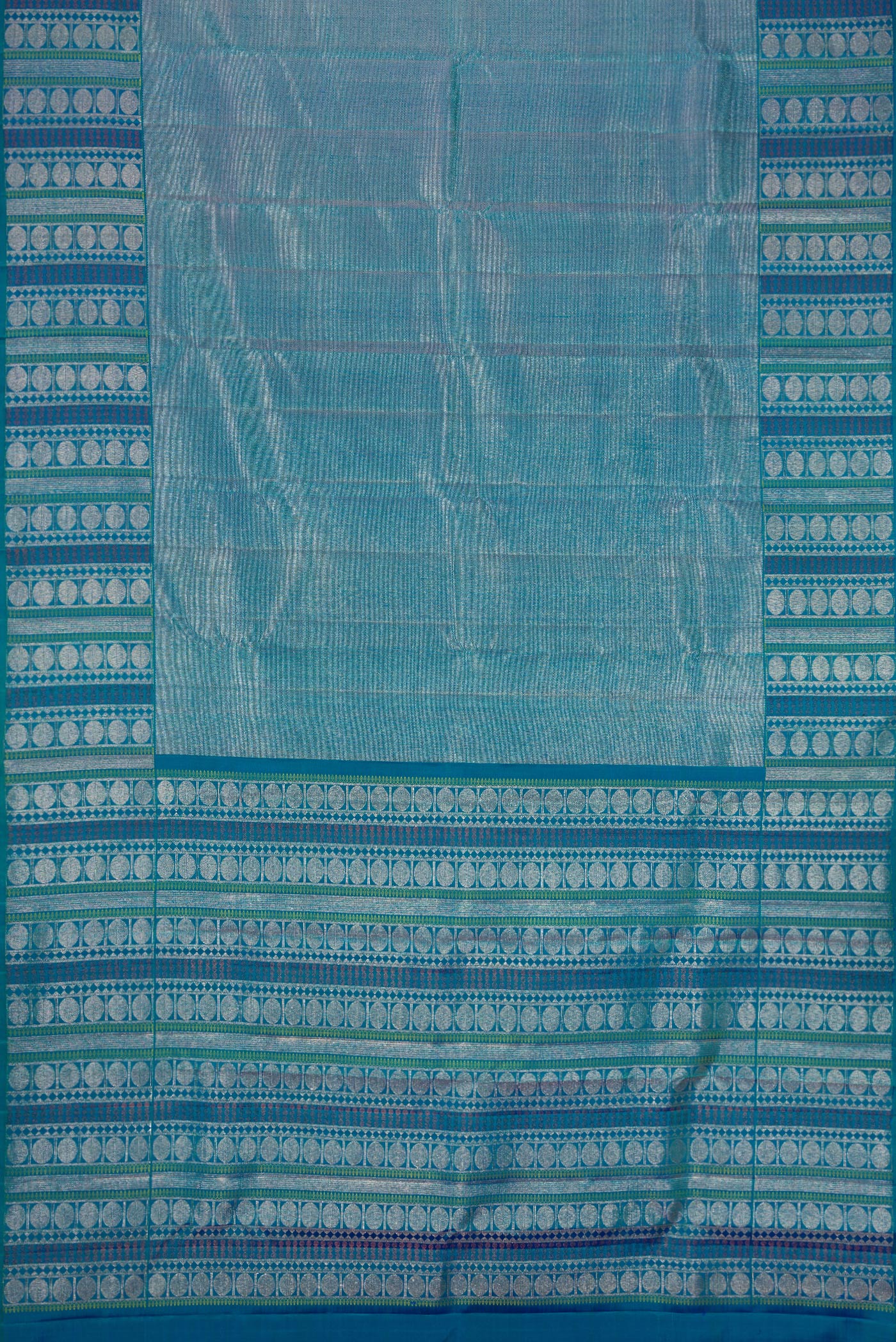 Flat view of Peacock Blue Dual Tone Kanchipuram Silk Saree with Zari Brocade on the body and Fancy Border. 