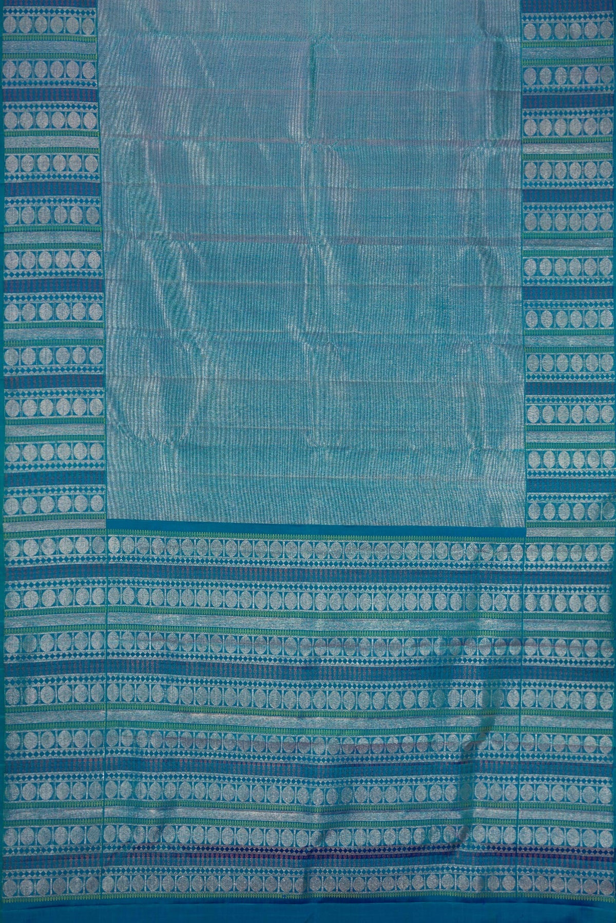 Flat view of Peacock Blue Dual Tone Kanchipuram Silk Saree with Zari Brocade on the body and Fancy Border. 