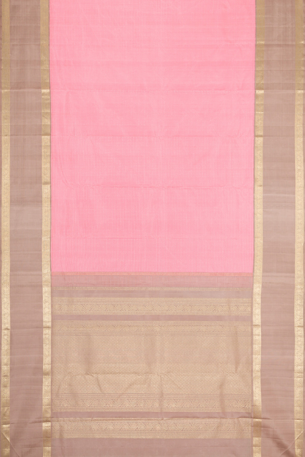 Flat view of Pink Dual Tone Kanjivaram Silk Saree with Zari Butta on the body and Zari Border. 