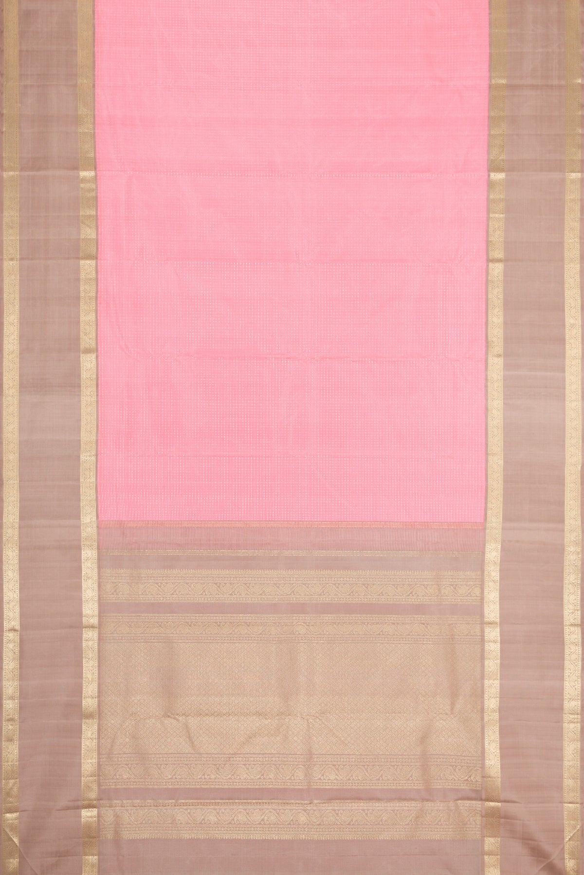Flat view of Pink Dual Tone Kanjivaram Silk Saree with Zari Butta on the body and Zari Border. 