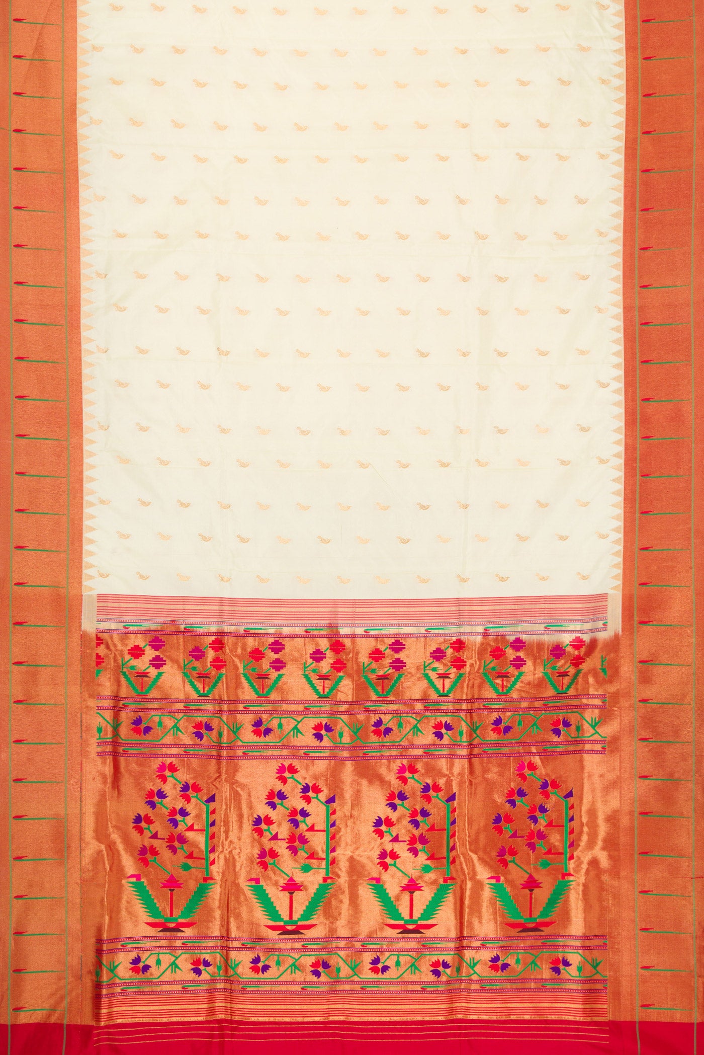 Flat view of Off White Dual Tone Paithani Silk Saree with Zari Butta on the body and Paithani Border. 