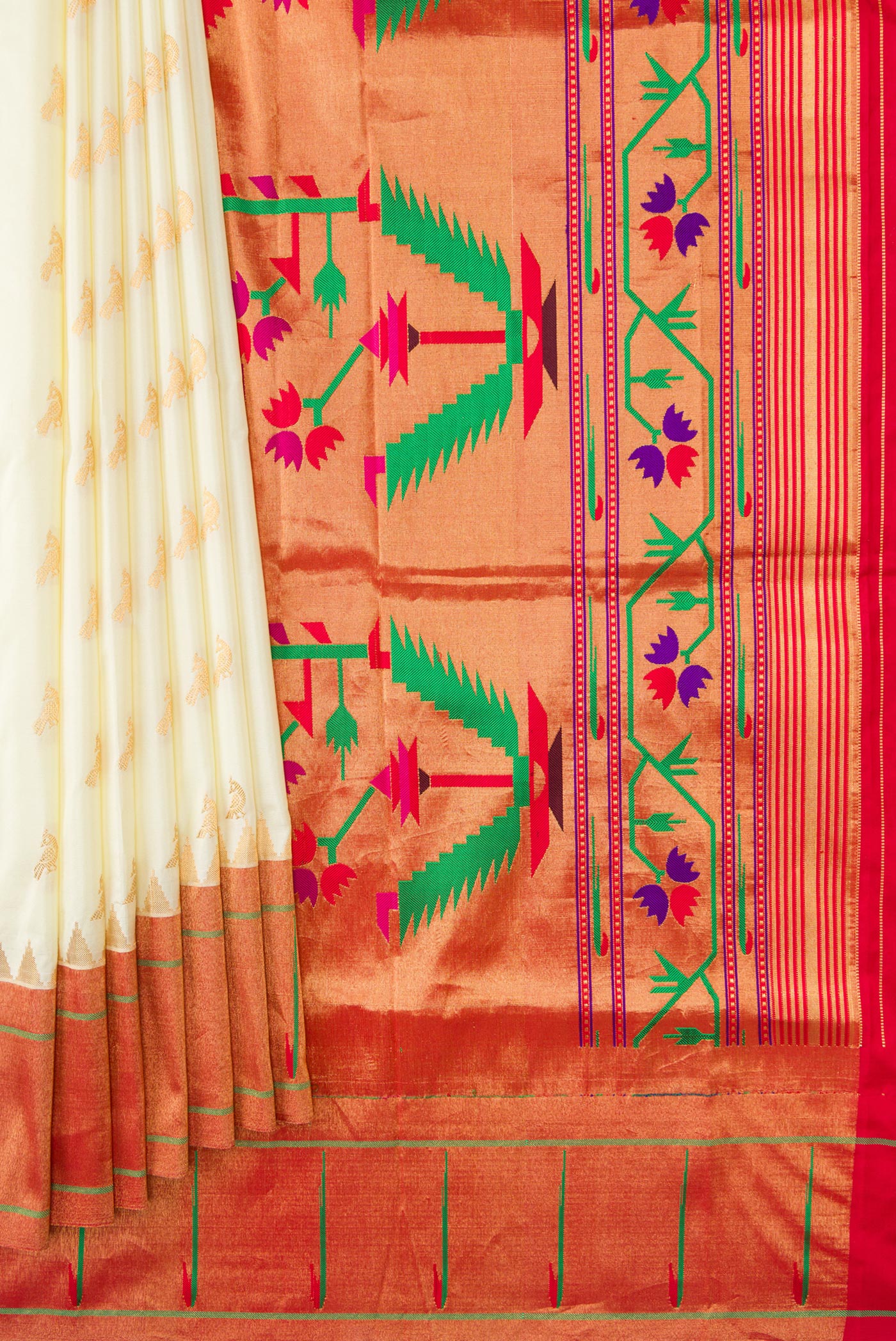 Pleats and pallu of Off White Dual Tone Paithani Silk Saree with Zari Butta on the body and Paithani Border. 