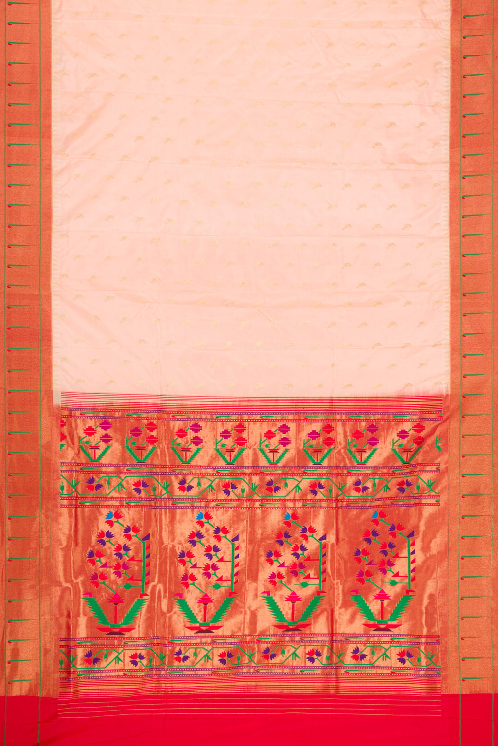 Flat view of Peach Dual Tone Paithani Silk Saree with Zari Butta on the body and Paithani Border. 