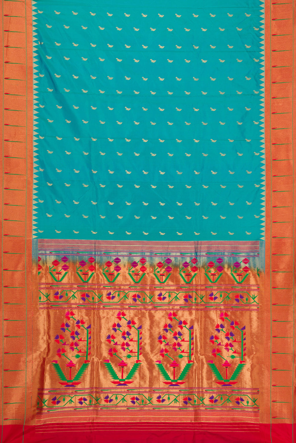 Flat view of Green Dual Tone Paithani Silk Saree with Zari Butta on the body and Paithani Border. 