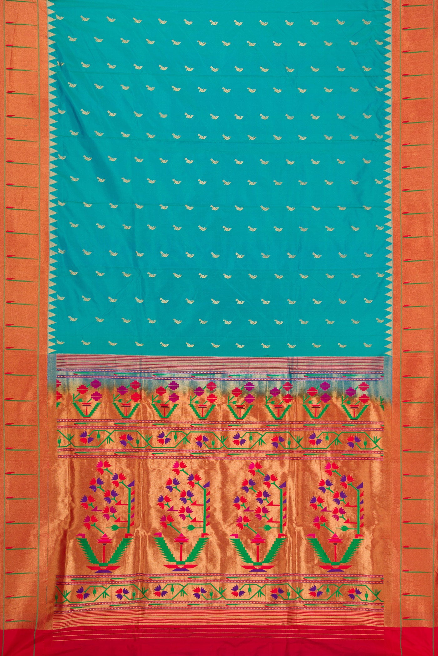 Flat view of Green Dual Tone Paithani Silk Saree with Zari Butta on the body and Paithani Border. 