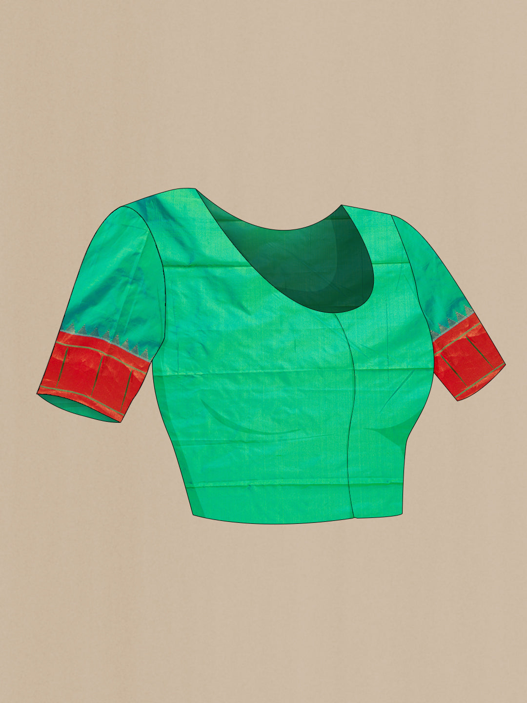 Close up image of the blouse of Green Dual Tone Paithani Silk Saree with Zari Butta on the body and Paithani Border. 