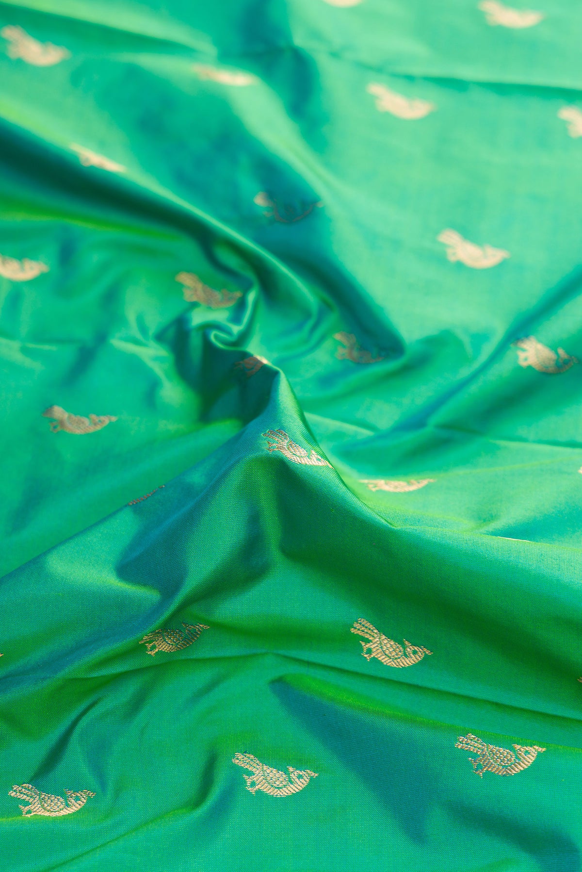 Close up of Green Dual Tone Paithani Silk Saree with Zari Butta on the body and Paithani Border.  displaying folds