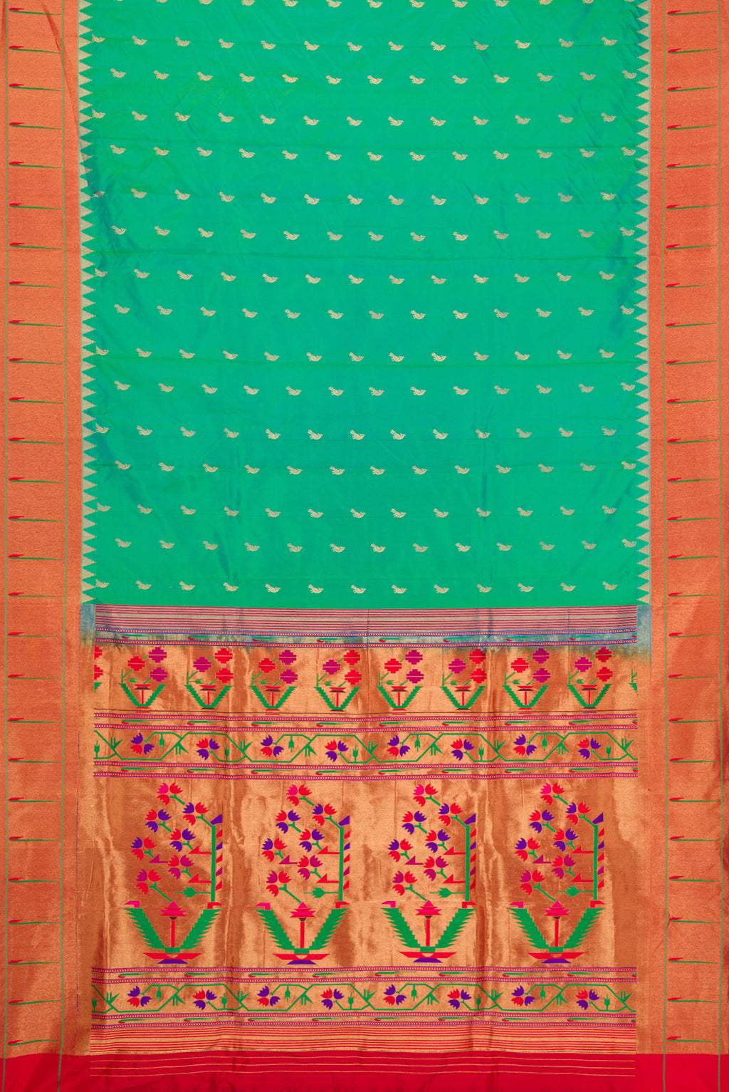 Flat view of Green Dual Tone Paithani Silk Saree with Zari Butta on the body and Paithani Border. 