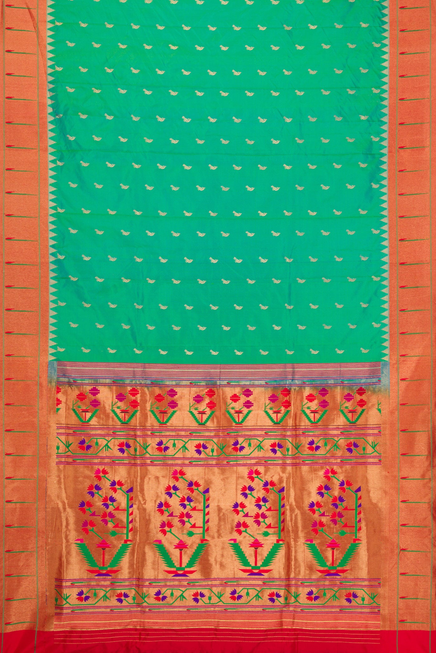 Flat view of Green Dual Tone Paithani Silk Saree with Zari Butta on the body and Paithani Border. 