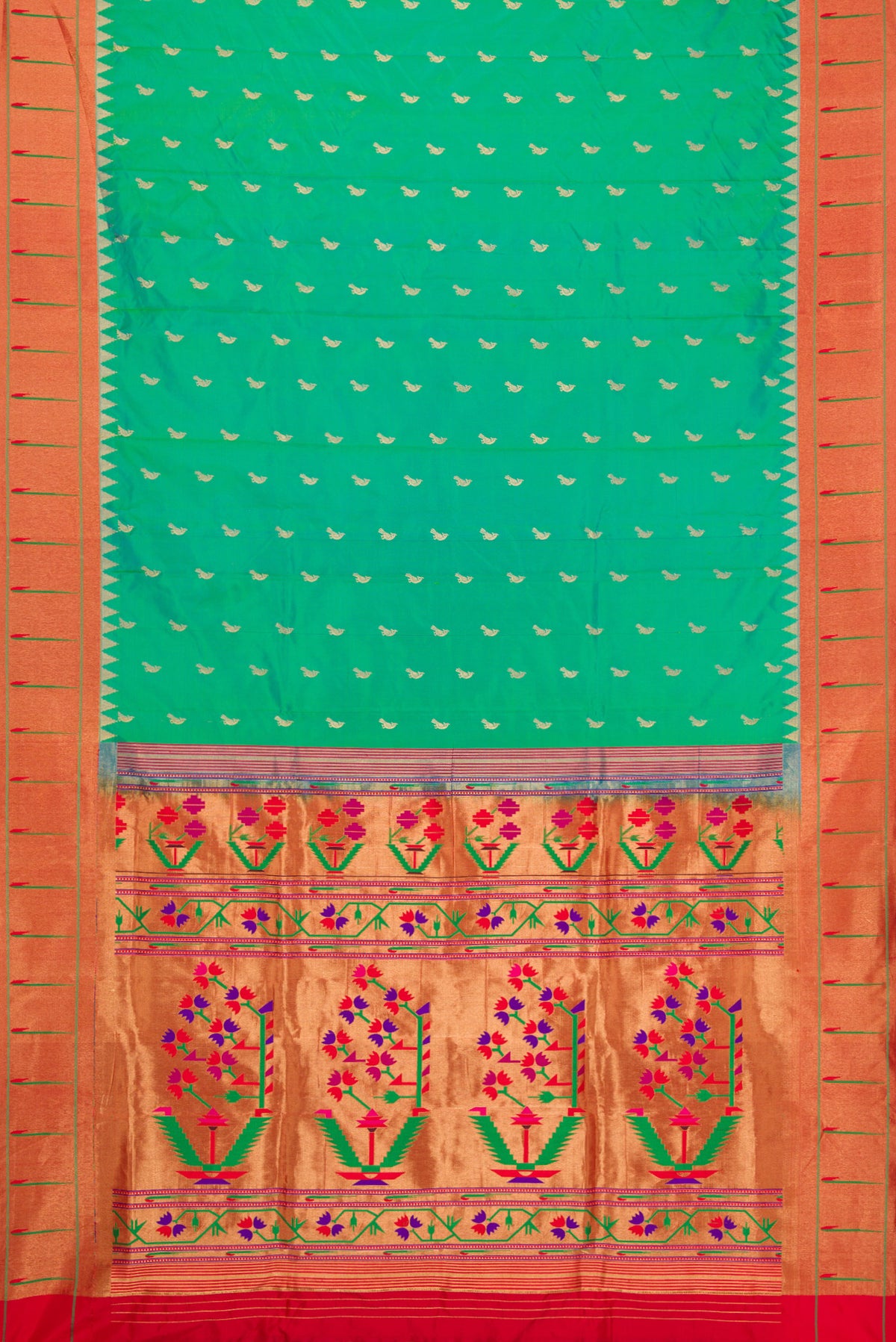 Flat view of Green Dual Tone Paithani Silk Saree with Zari Butta on the body and Paithani Border. 