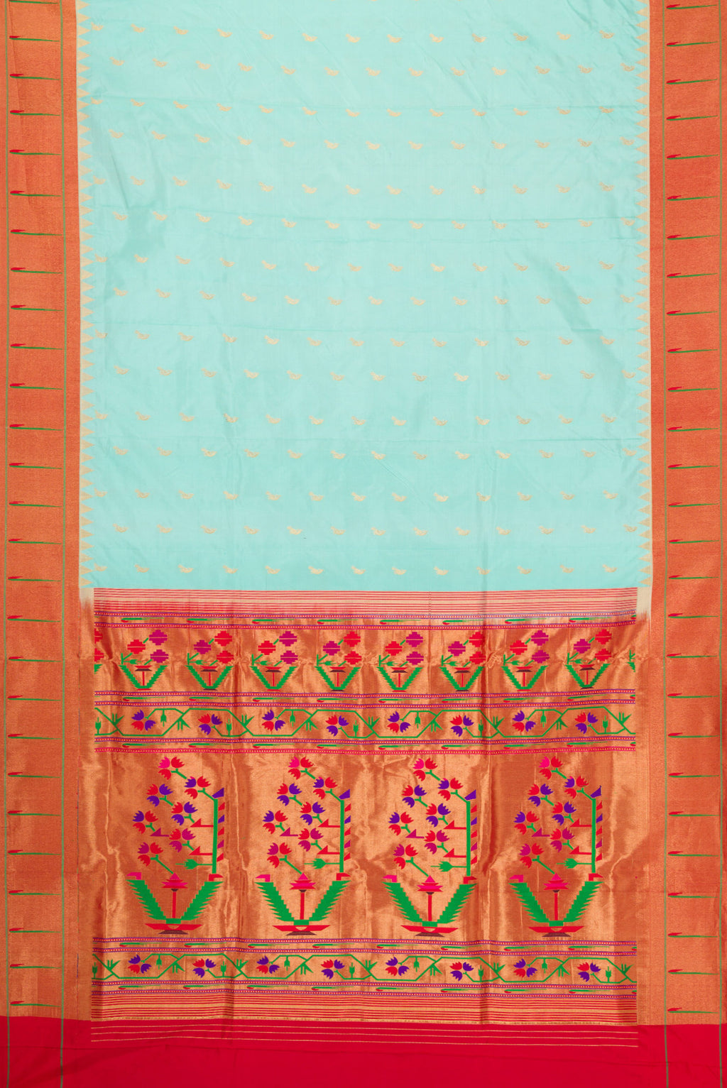 Flat view of Light Blue Dual Tone Paithani Silk Saree with Zari Butta on the body and Paithani Border. 