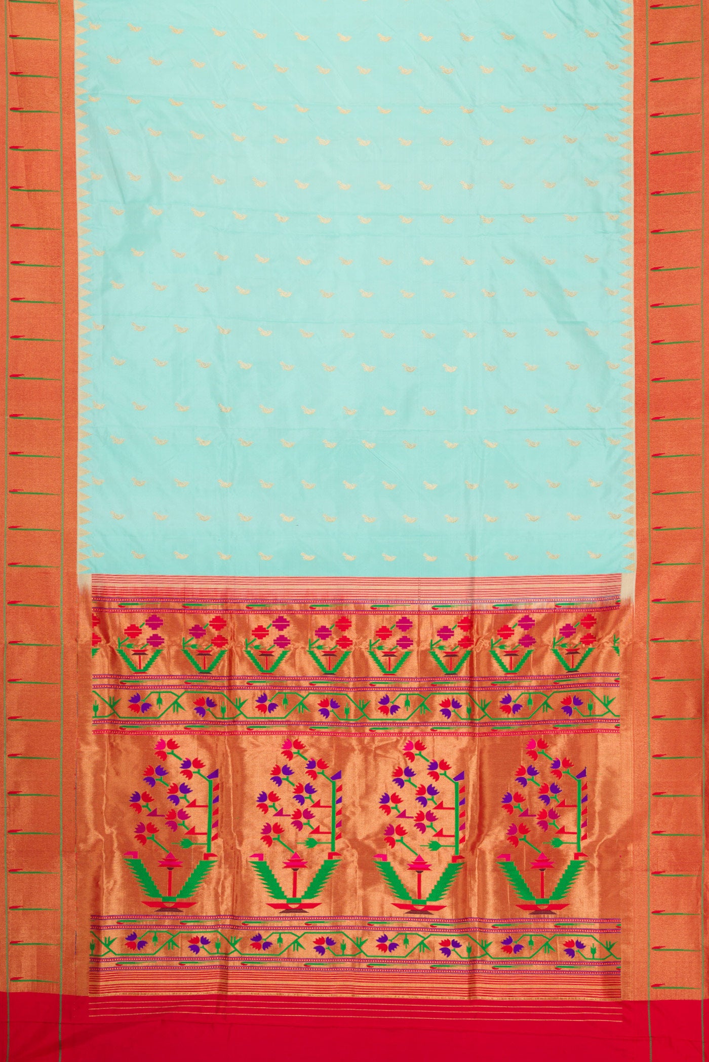 Flat view of Light Blue Dual Tone Paithani Silk Saree with Zari Butta on the body and Paithani Border. 