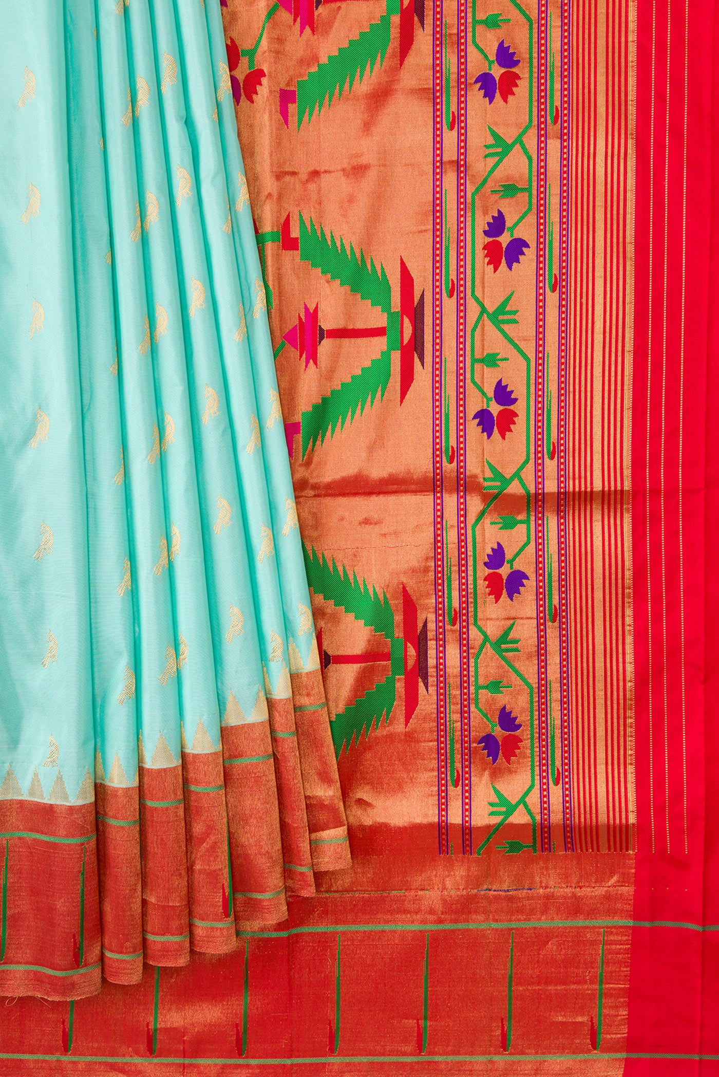 Pleats and pallu of Light Blue Dual Tone Paithani Silk Saree with Zari Butta on the body and Paithani Border. 