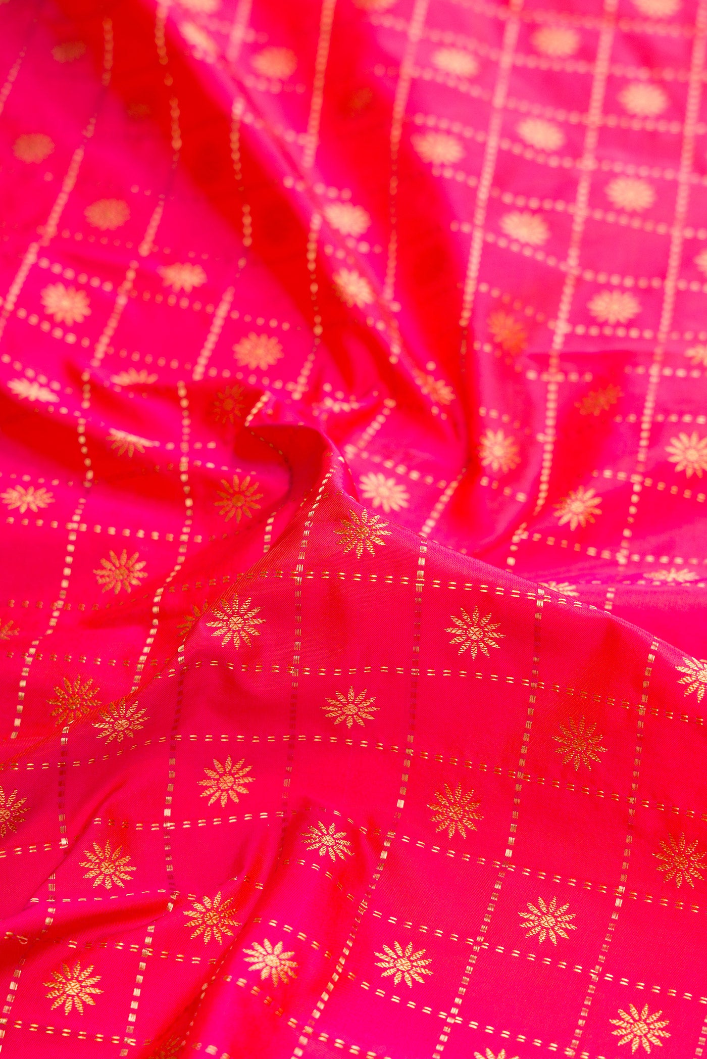 Close up of Pink Dual Tone Paithani Silk Saree with Zari Butta on the body and Paithani Border.  displaying folds