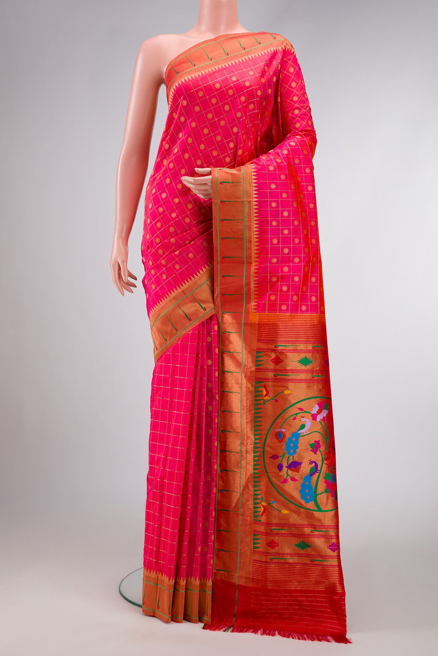 Pink Dual Tone Paithani Silk Saree with Zari Butta on the body and Paithani Border.  displayed on a mannequin