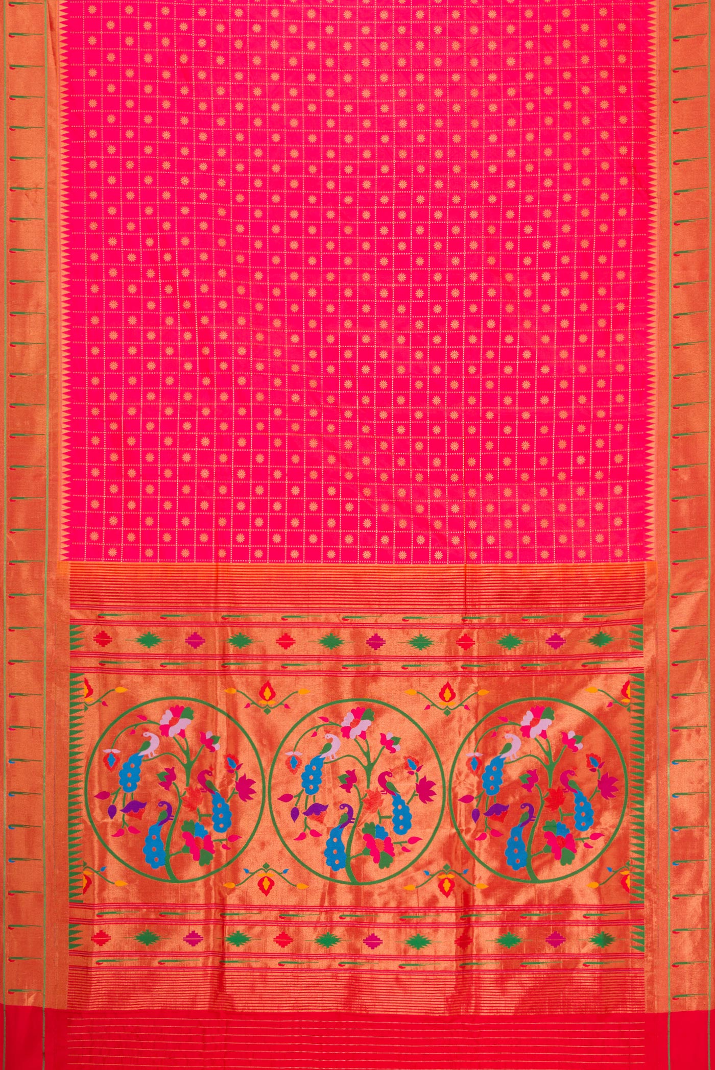 Flat view of Pink Dual Tone Paithani Silk Saree with Zari Butta on the body and Paithani Border. 