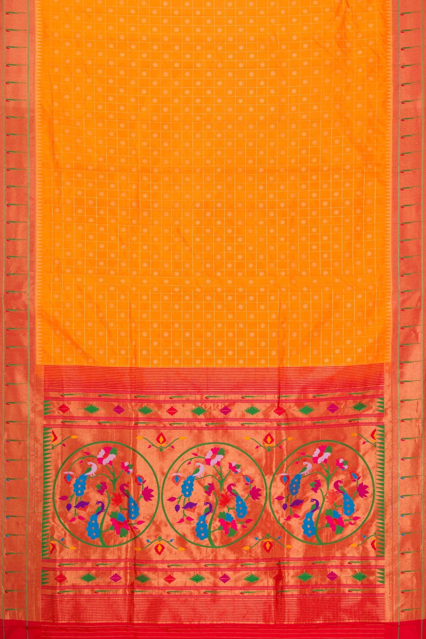 Flat view of Orange Dual Tone Paithani Silk Saree with Zari Butta on the body and Paithani Border. 