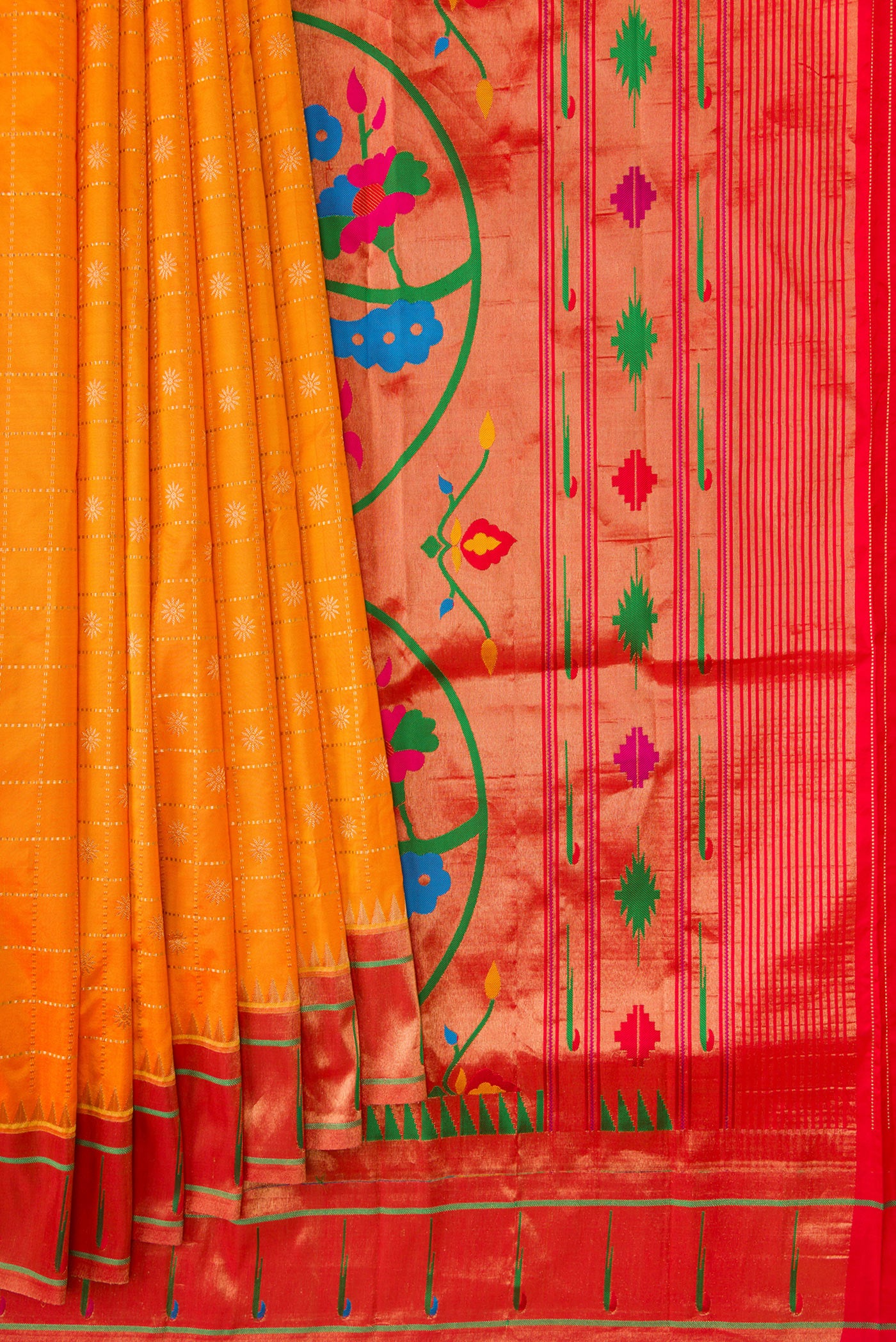 Pleats and pallu of Orange Dual Tone Paithani Silk Saree with Zari Butta on the body and Paithani Border. 