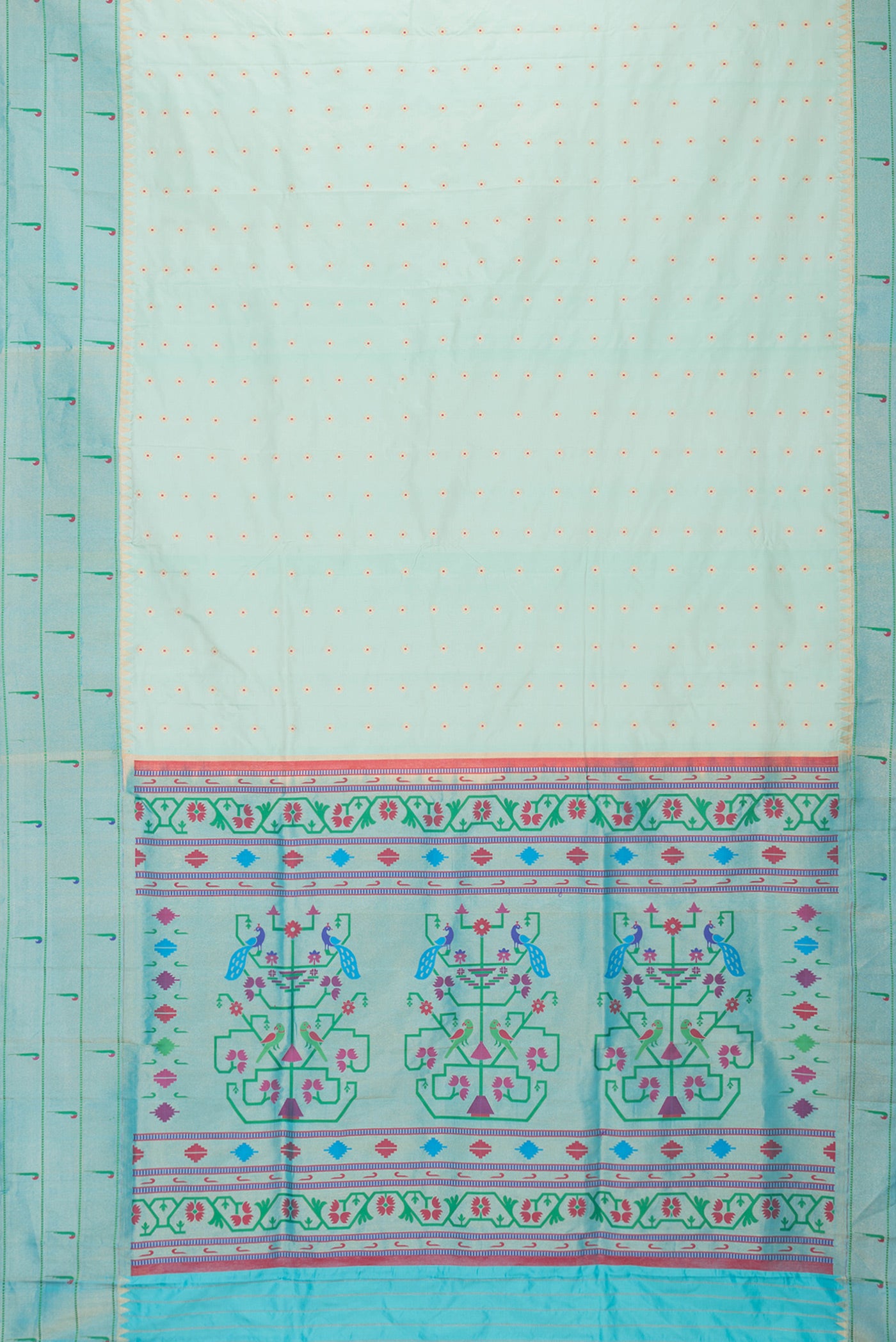 Flat view of Sea Green Dual Tone Paithani Silk Saree with Zari And Thread Butta on the body and Paithani Border. 
