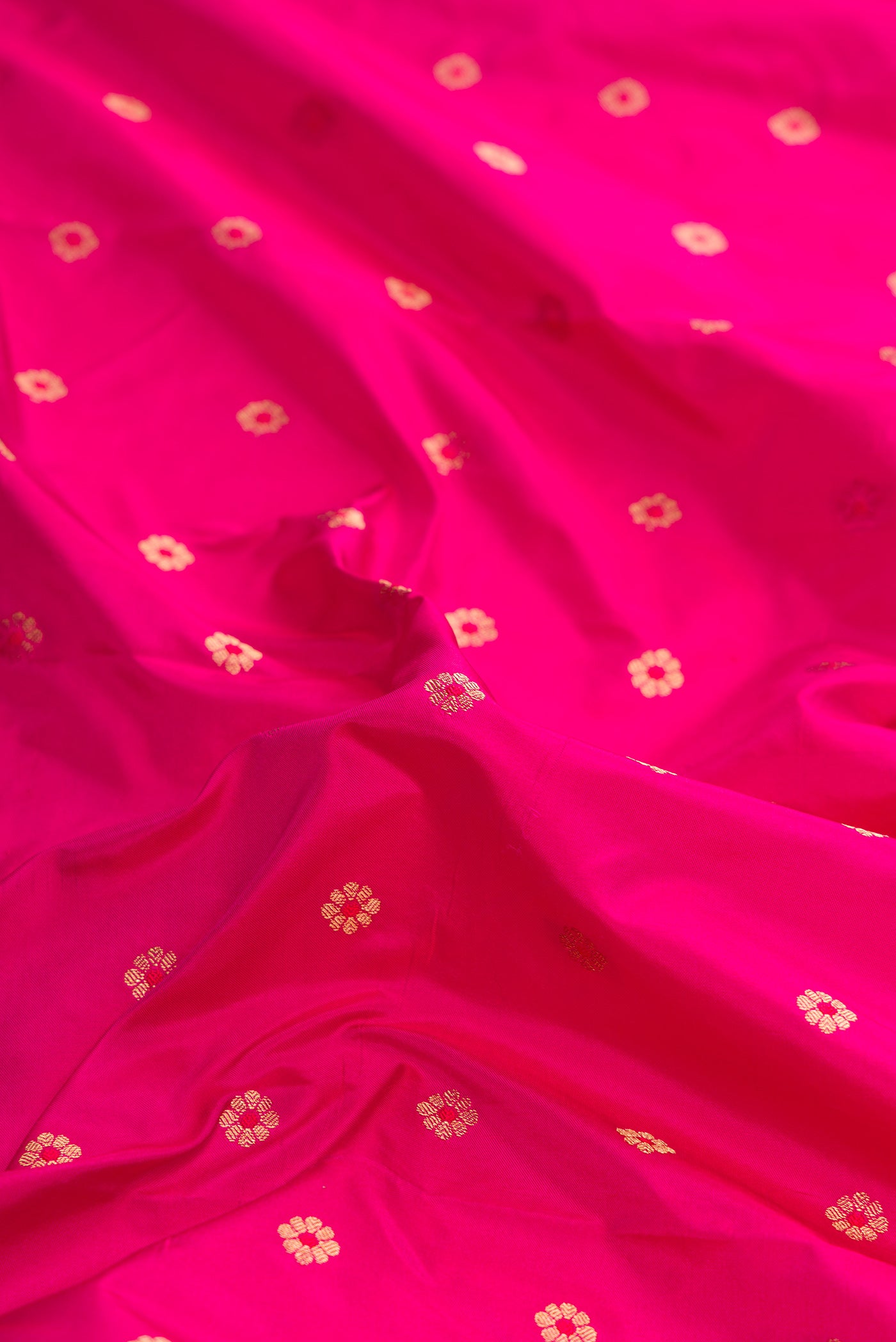 Close up of Pink Dual Tone Paithani Silk Saree with Zari Butta on the body and Paithani Border.  displaying folds