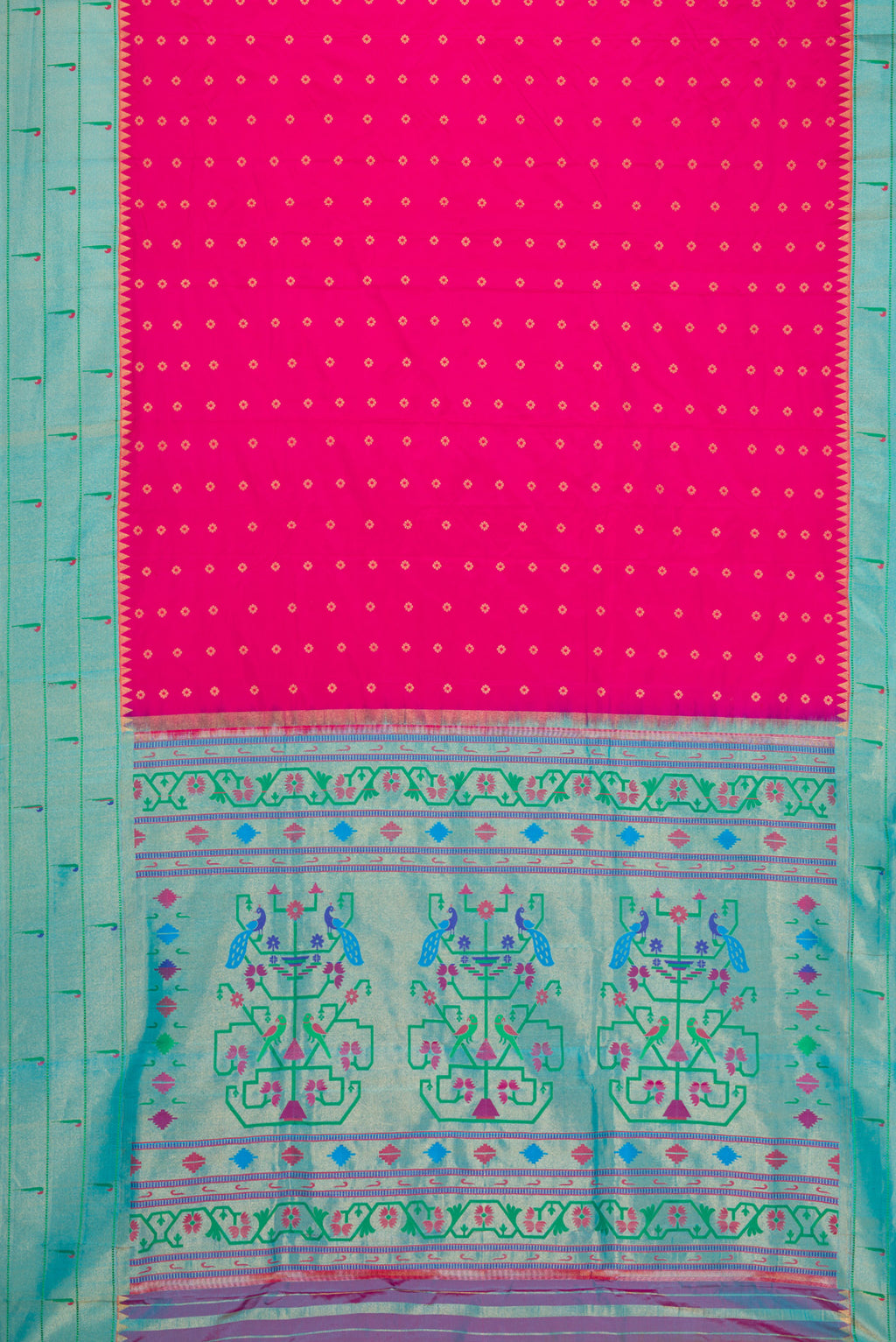 Flat view of Pink Dual Tone Paithani Silk Saree with Zari Butta on the body and Paithani Border. 