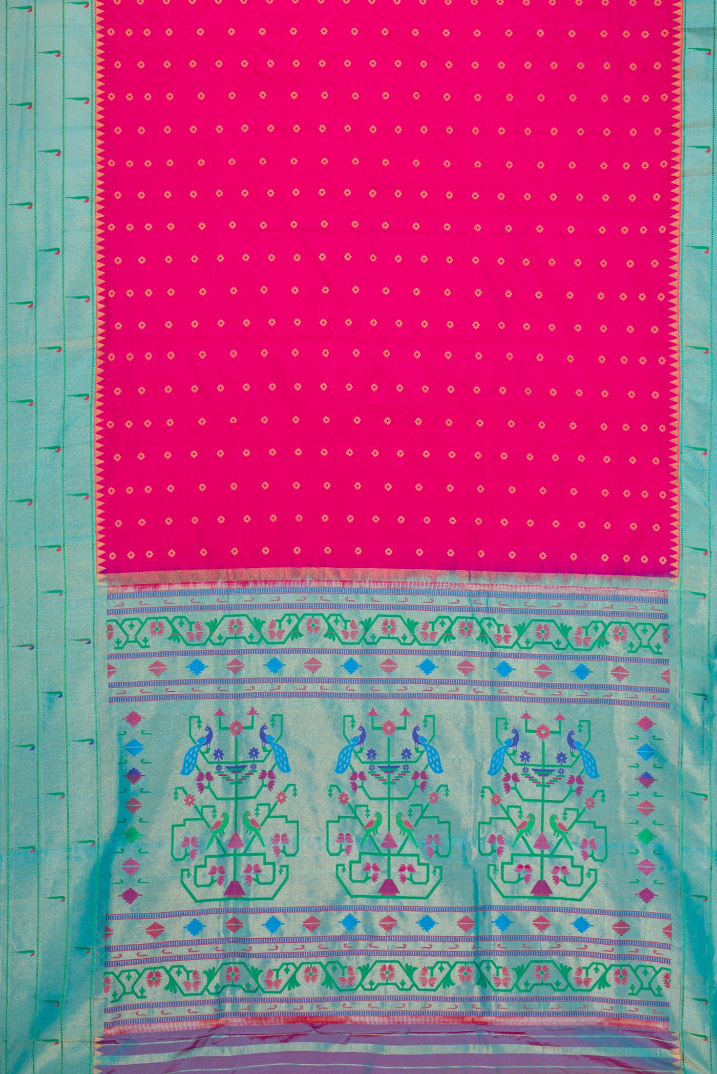 Flat view of Pink Dual Tone Paithani Silk Saree with Zari Butta on the body and Paithani Border. 
