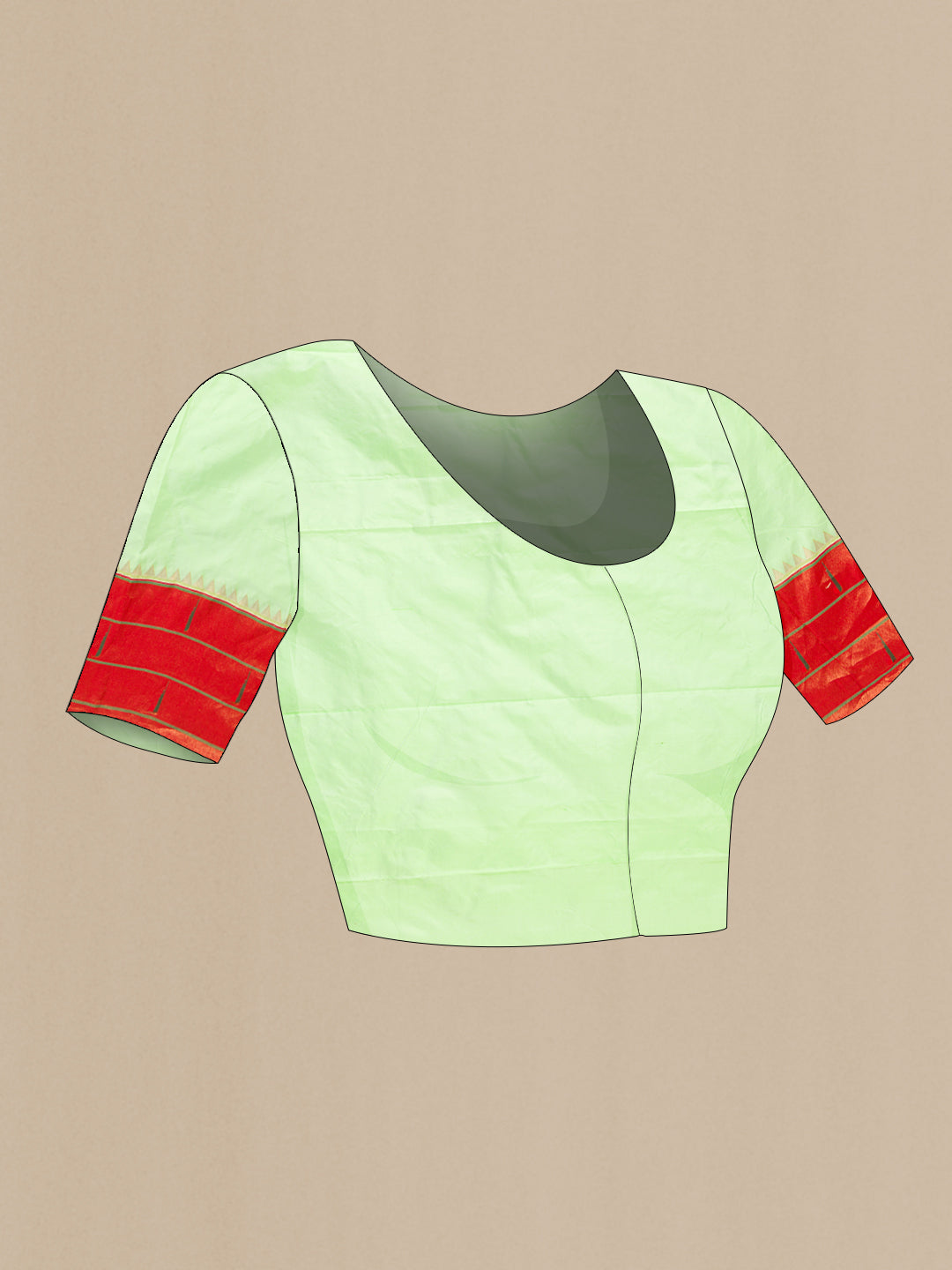 Close up image of the blouse of Light Green Dual Tone Paithani Silk Saree with Zari Butta on the body and Paithani Border. 