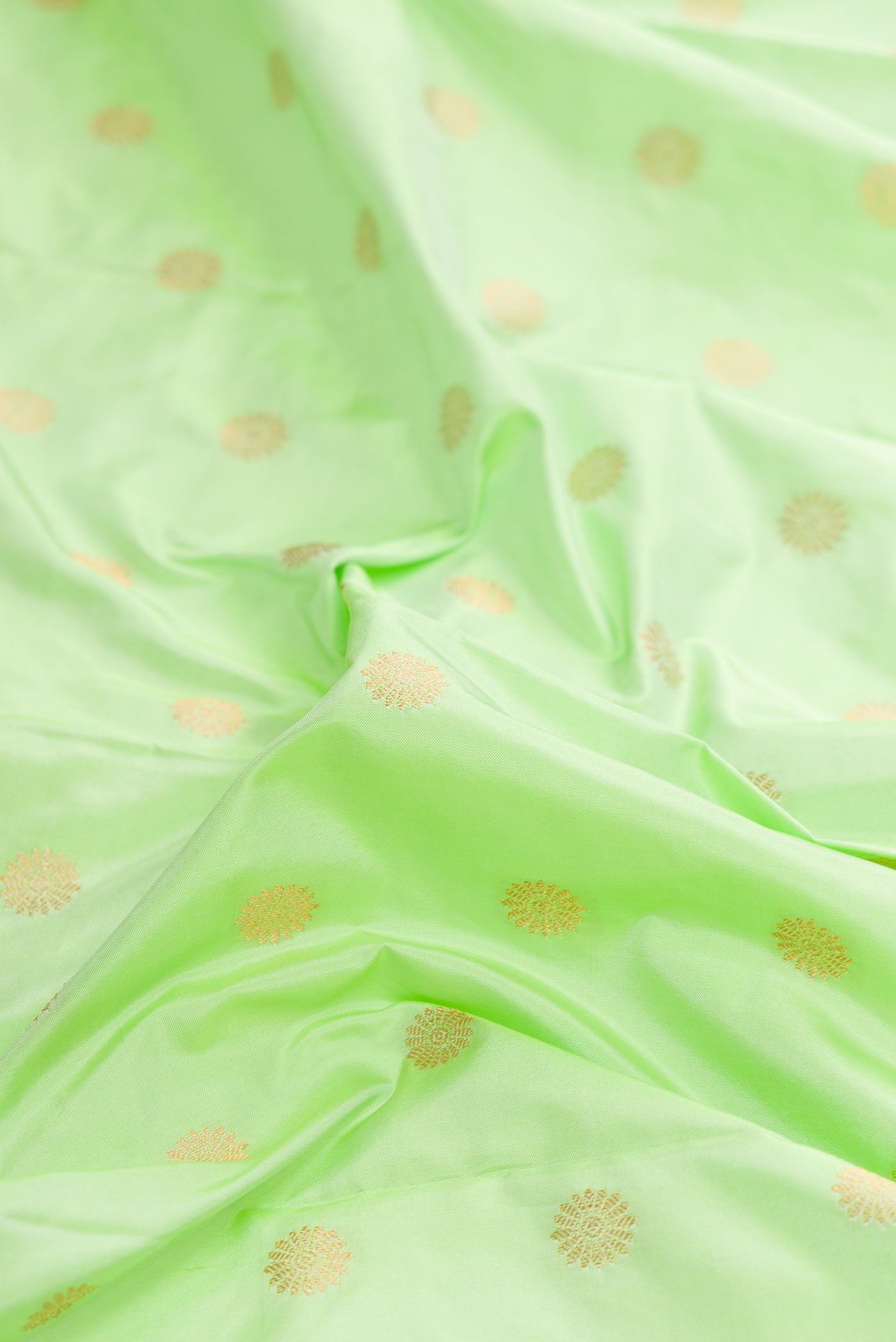 Close up of Light Green Dual Tone Paithani Silk Saree with Zari Butta on the body and Paithani Border.  displaying folds