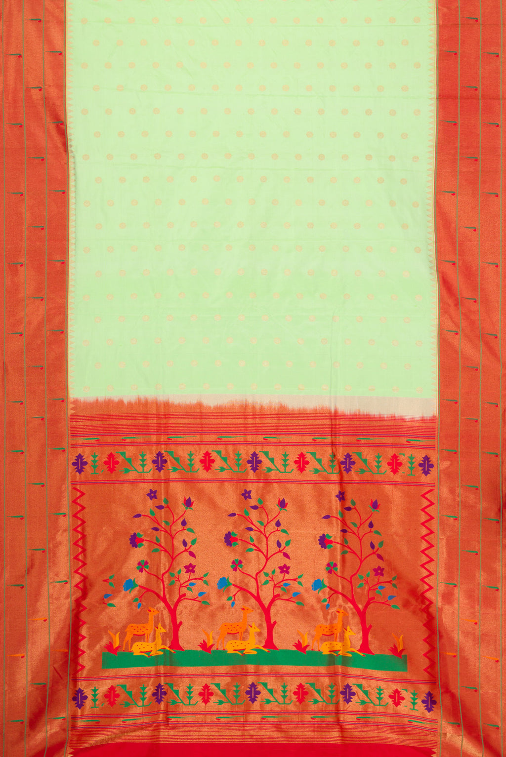 Flat view of Light Green Dual Tone Paithani Silk Saree with Zari Butta on the body and Paithani Border. 