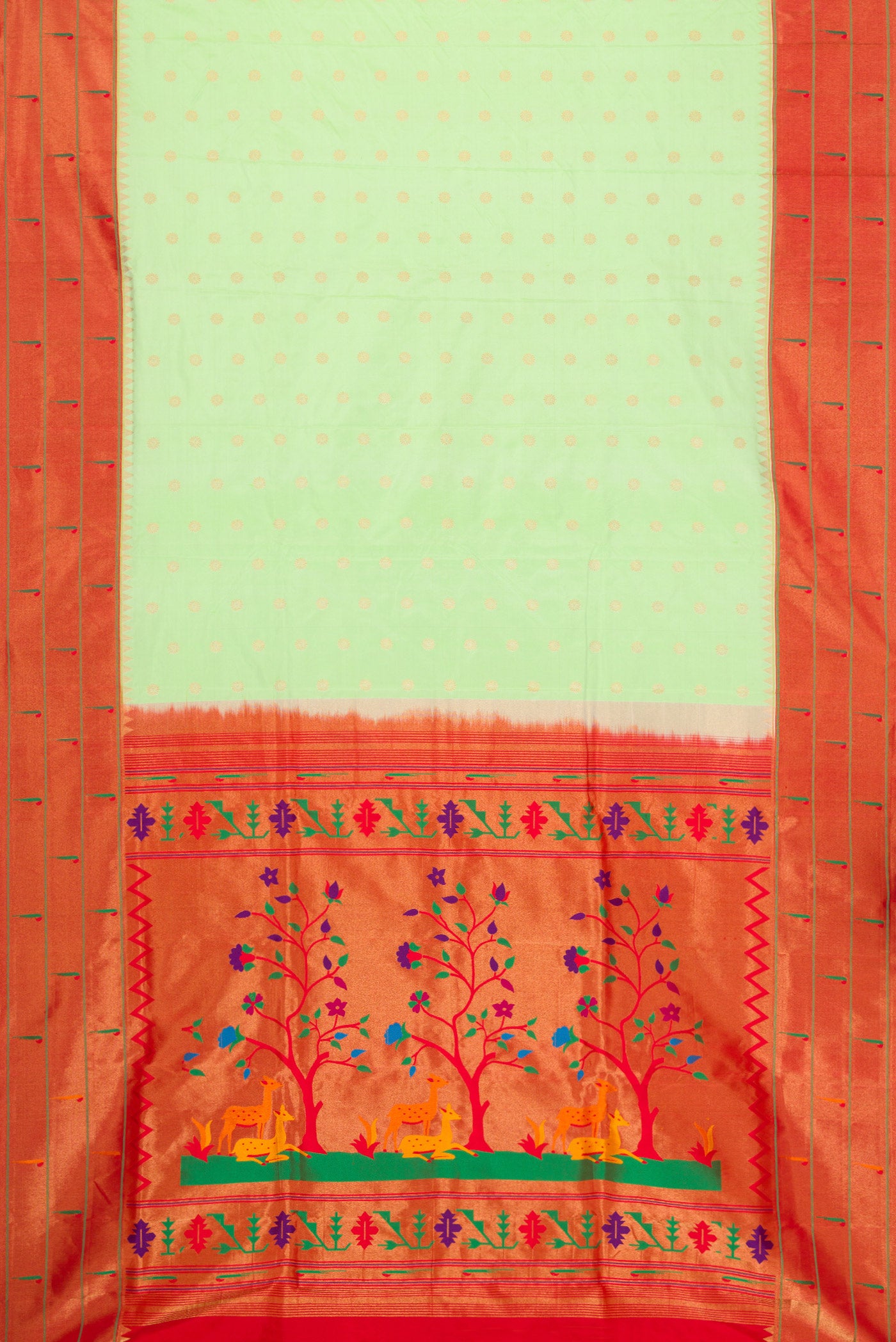 Flat view of Light Green Dual Tone Paithani Silk Saree with Zari Butta on the body and Paithani Border. 