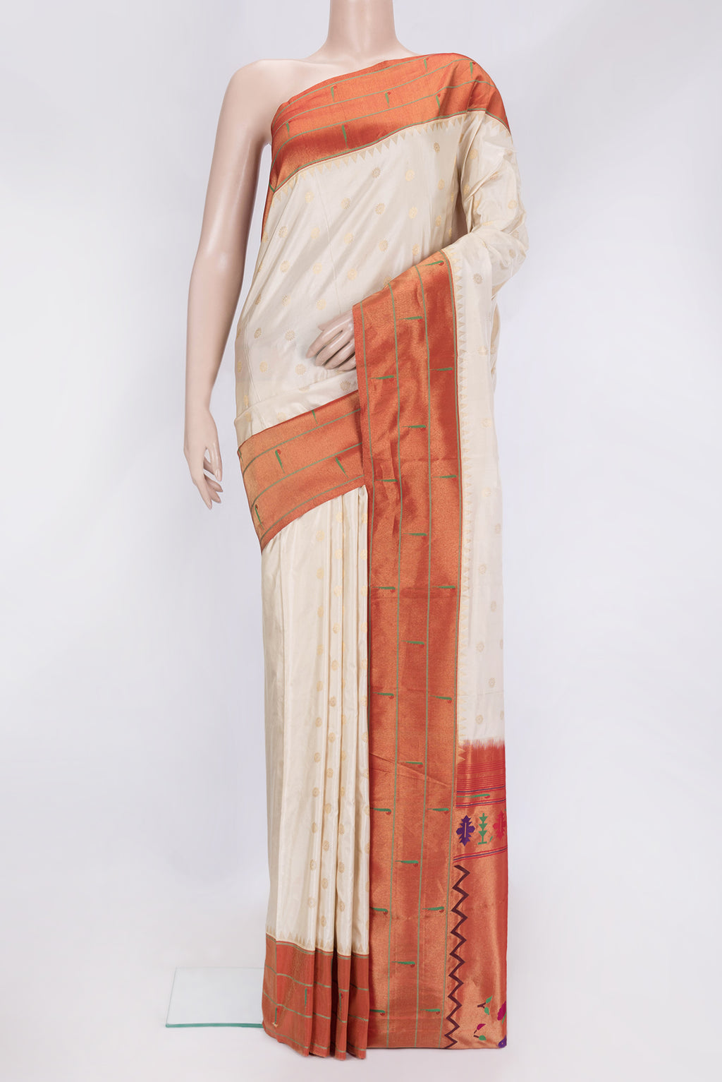 Beige Dual Tone Paithani Silk Saree with Zari Butta on the body and Paithani Border.  displayed on a mannequin