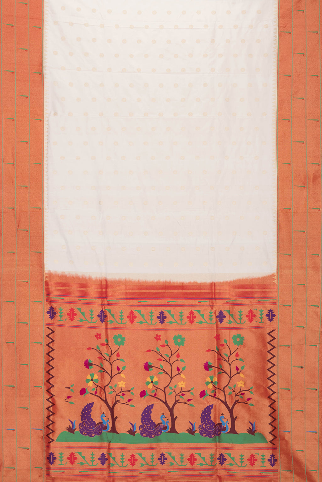 Flat view of Beige Dual Tone Paithani Silk Saree with Zari Butta on the body and Paithani Border. 