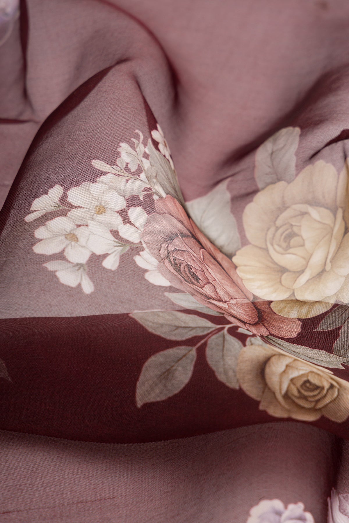 Close up of Brown Dual Tone Organza Silk Saree with Printed design on the body and Printed Border.  displaying folds