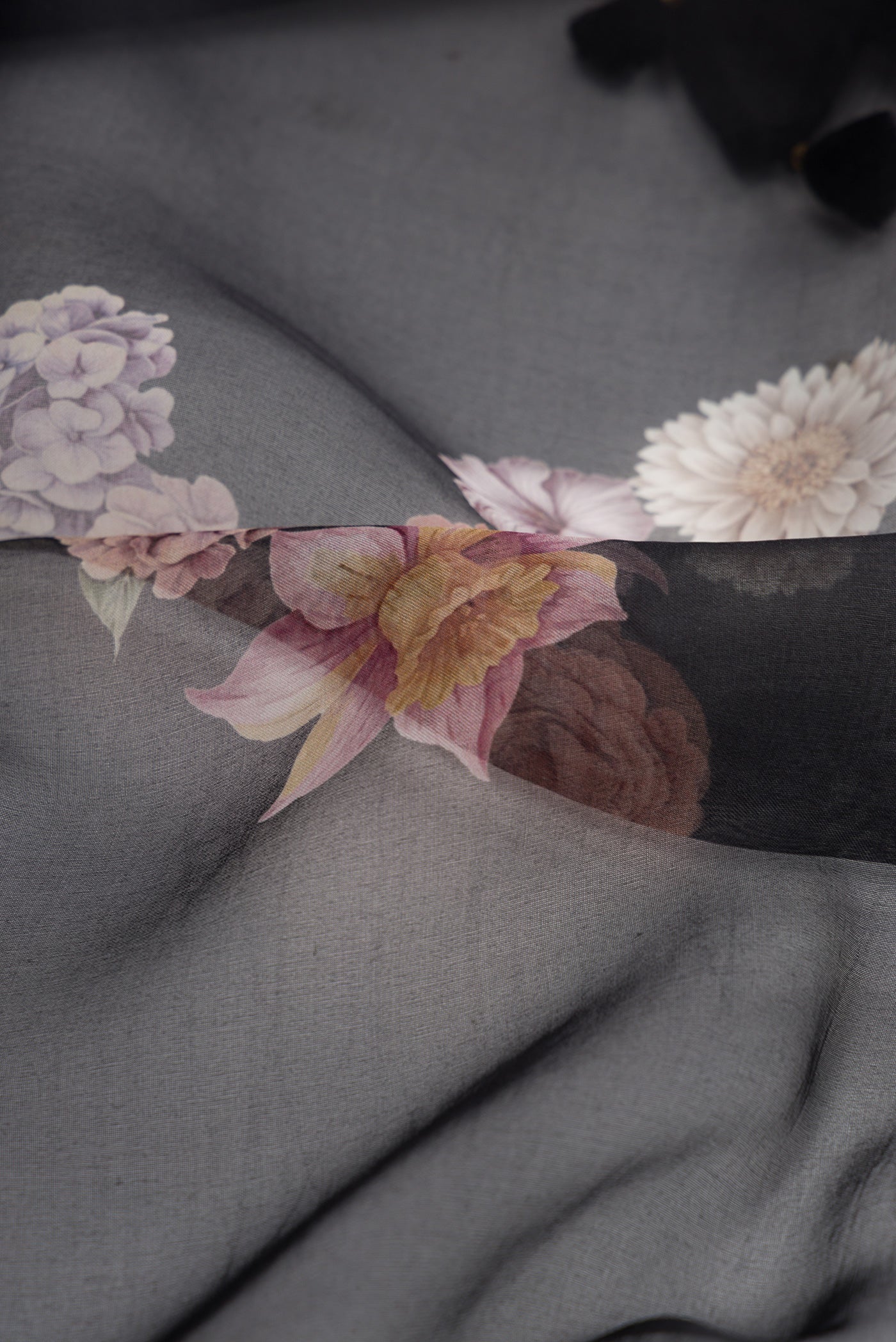 Close up of Black Dual Tone Organza Silk Saree with Printed design on the body and Printed Border.  displaying folds