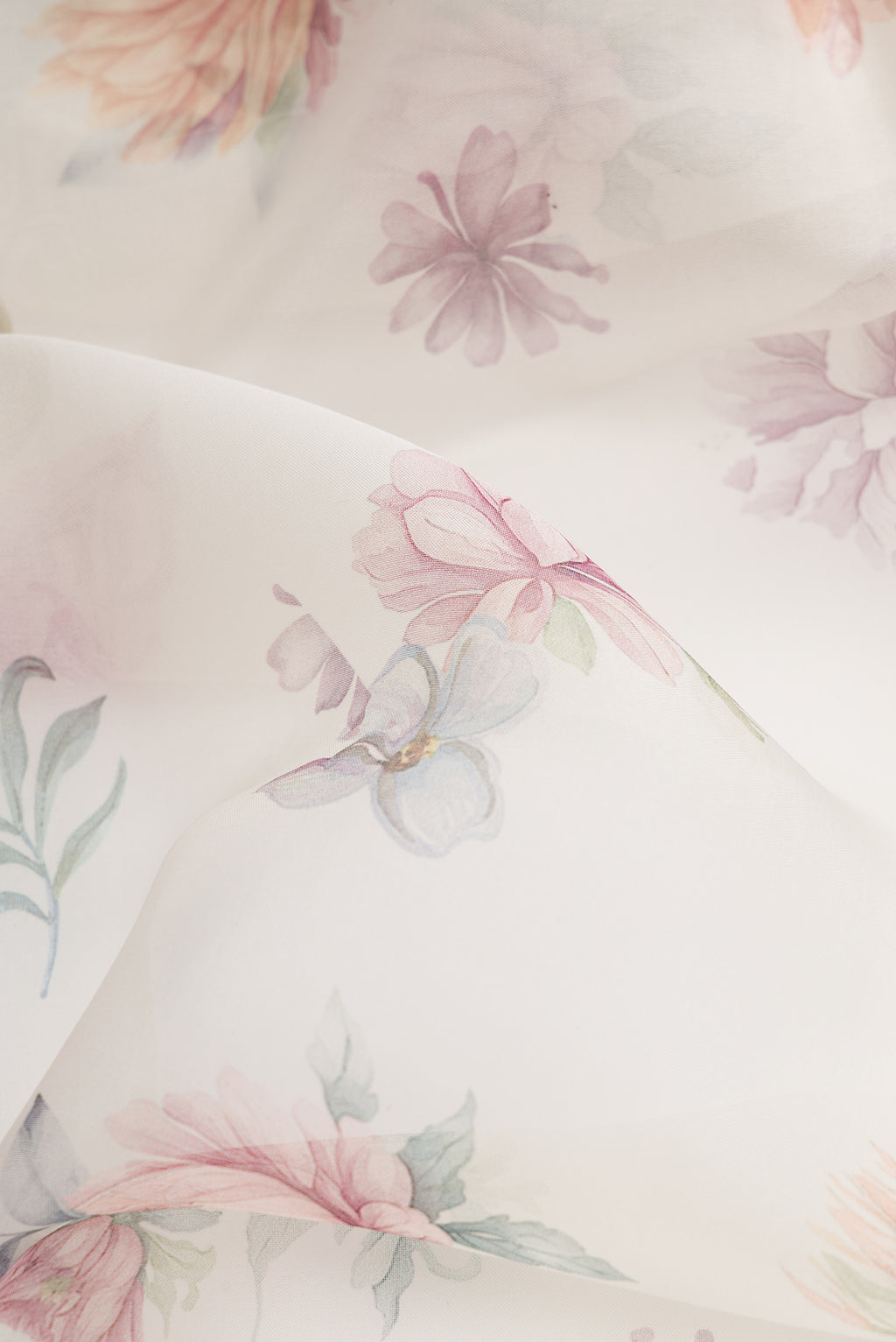 Close up of Off White Dual Tone Organza Silk Saree with Printed design on the body and Plain Border.  displaying folds