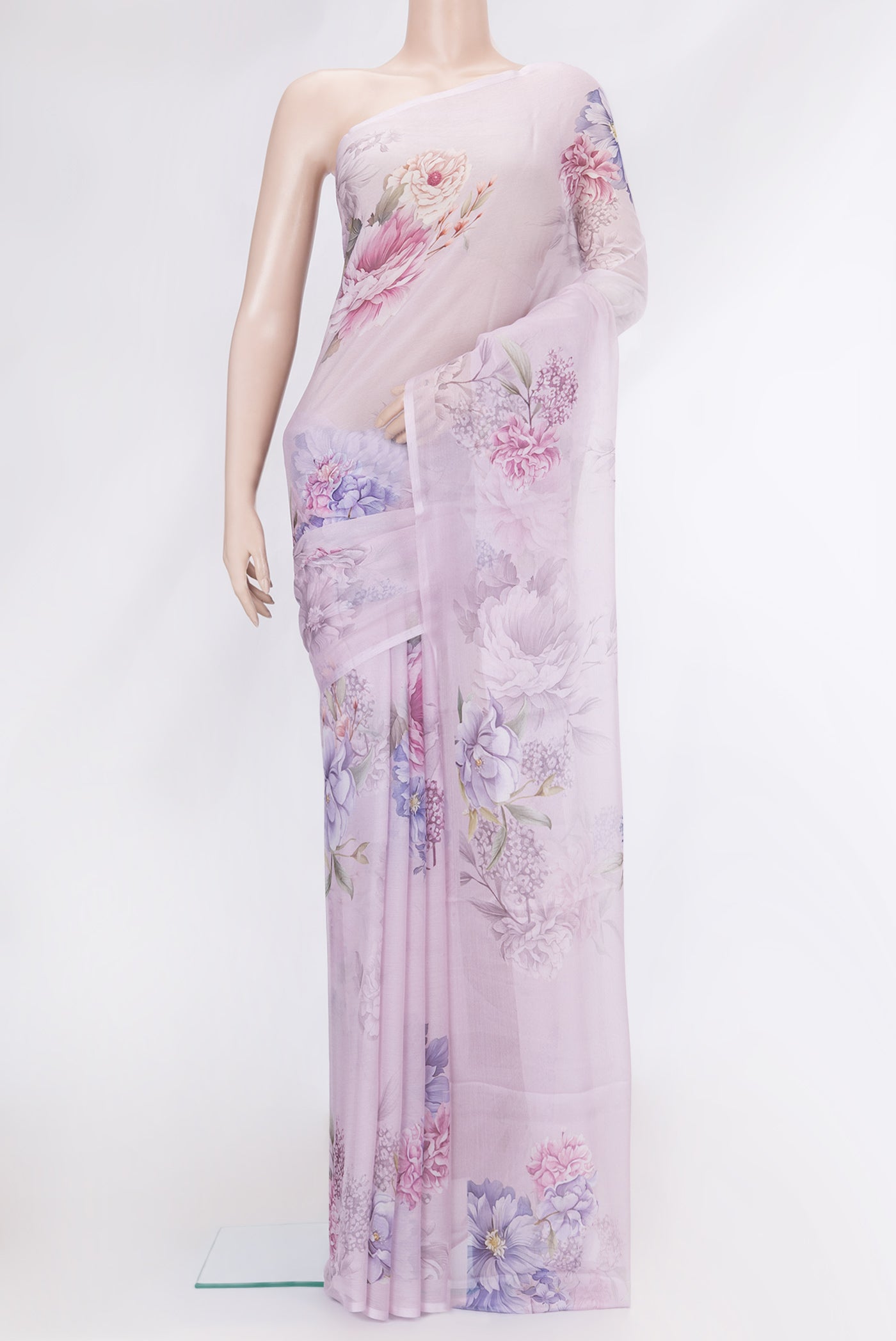 Lavender Dual Tone Mysore Chiffon Saree with Printed design on the body and Without Border.  displayed on a mannequin
