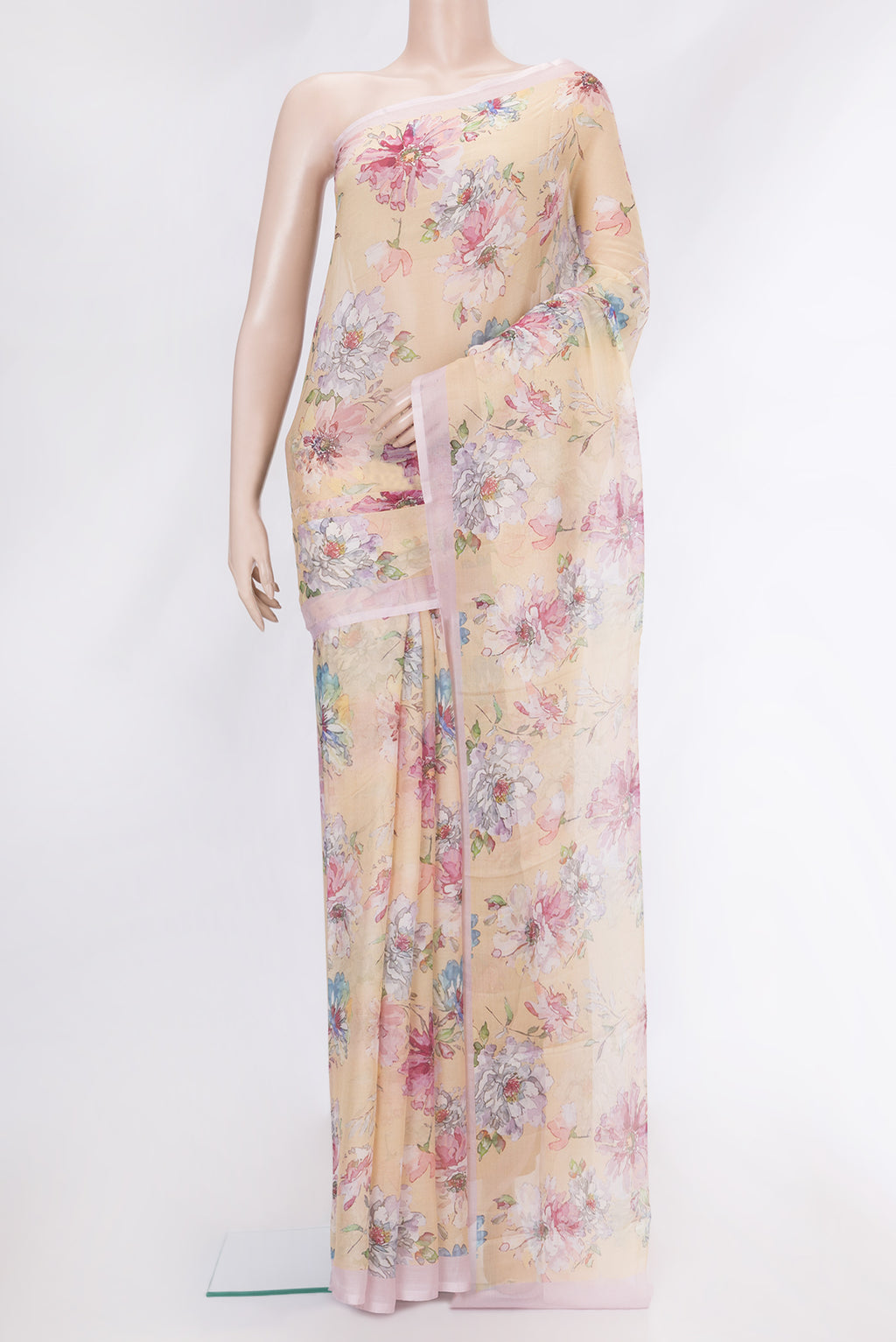 Sandal Mysore Chiffon Saree with Printed design on the body and Plain Border.  displayed on a mannequin