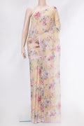 Sandal Mysore Chiffon Saree with Printed design on the body and Plain Border.  displayed on a mannequin