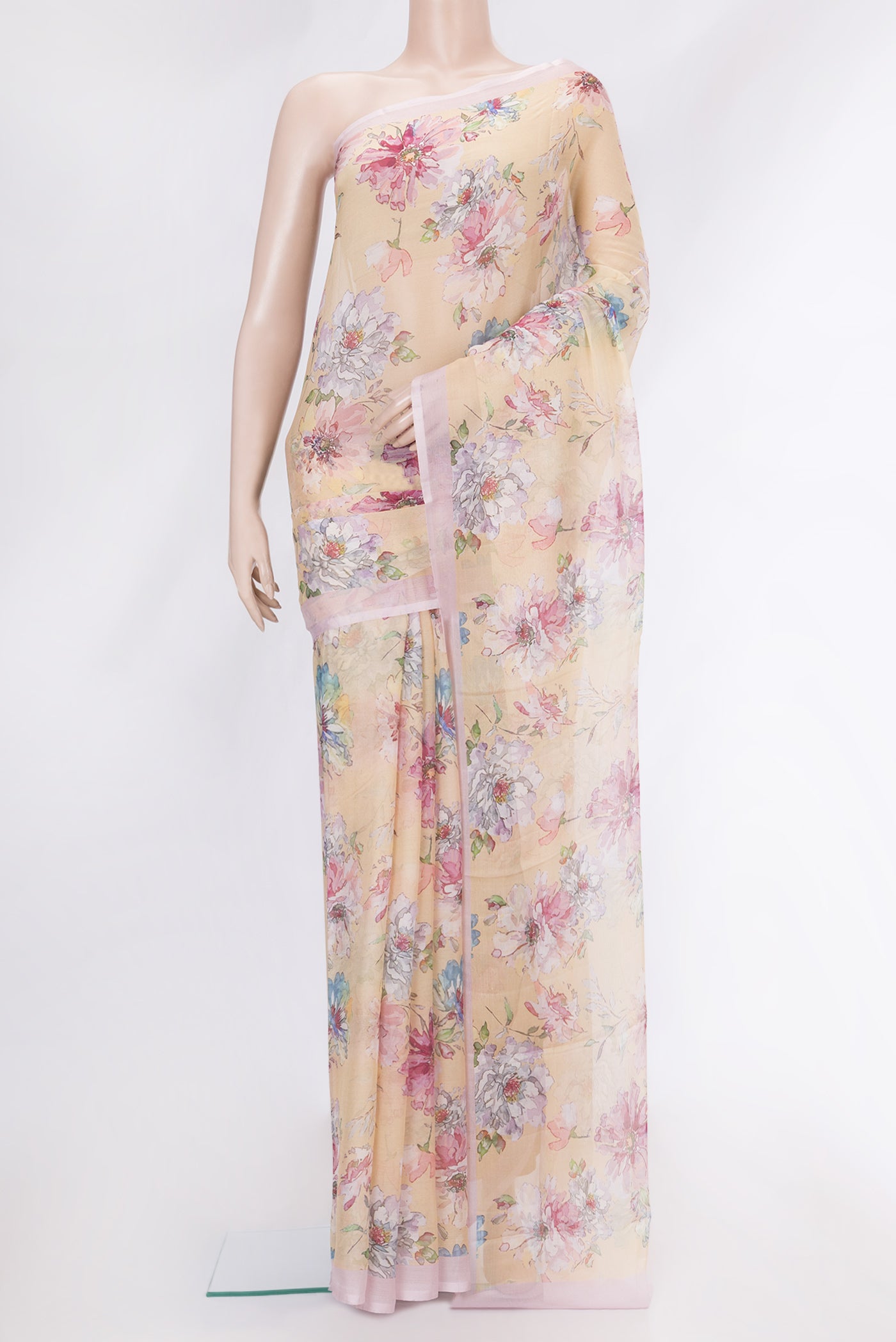 Sandal Mysore Chiffon Saree with Printed design on the body and Plain Border.  displayed on a mannequin