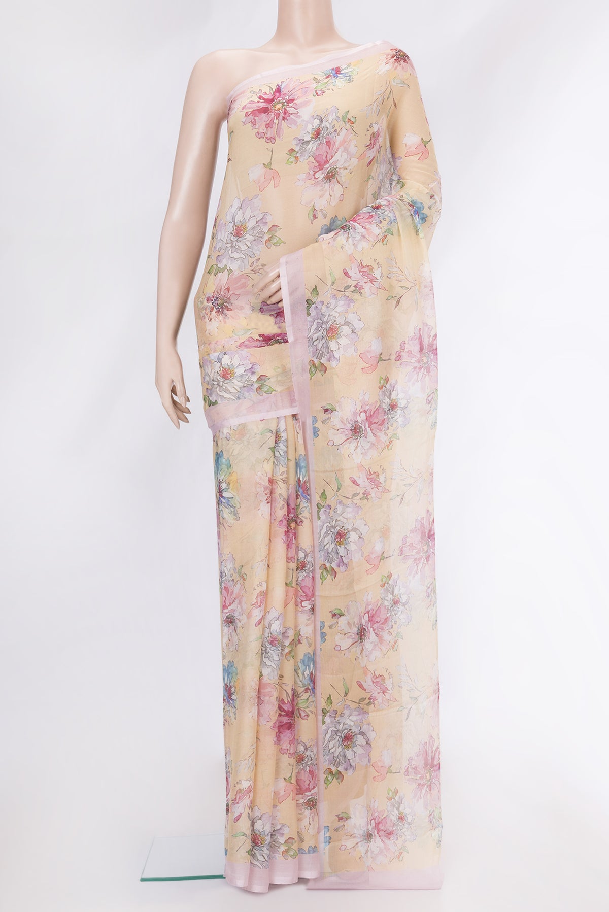 Sandal Mysore Chiffon Saree with Printed design on the body and Plain Border.  displayed on a mannequin