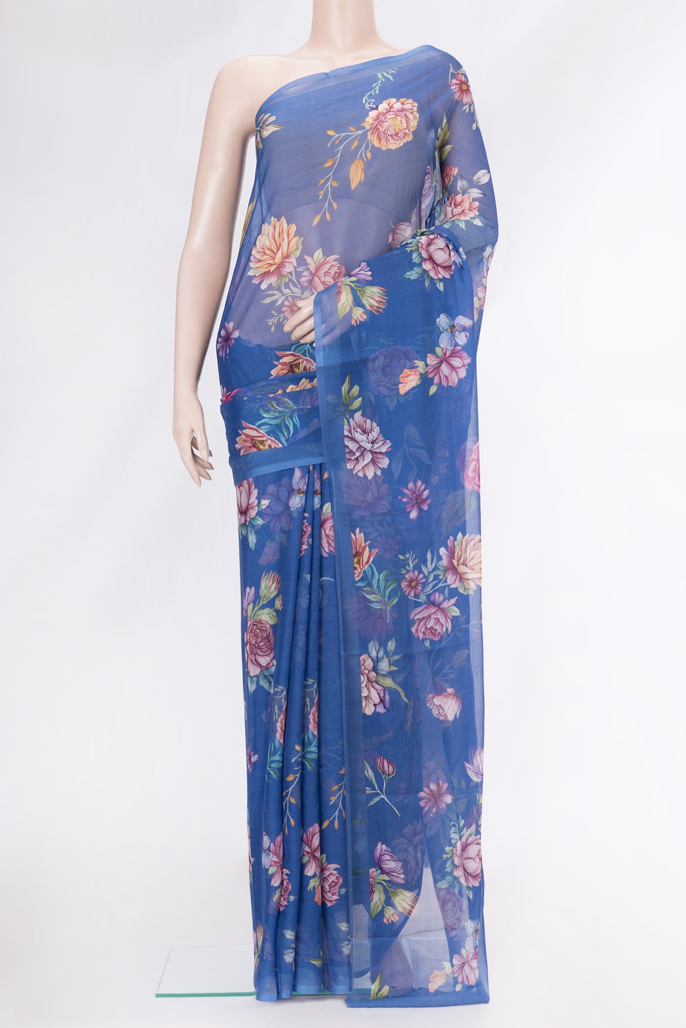 Royal Blue Mysore Chiffon Saree with Printed design on the body and Plain Border.  displayed on a mannequin