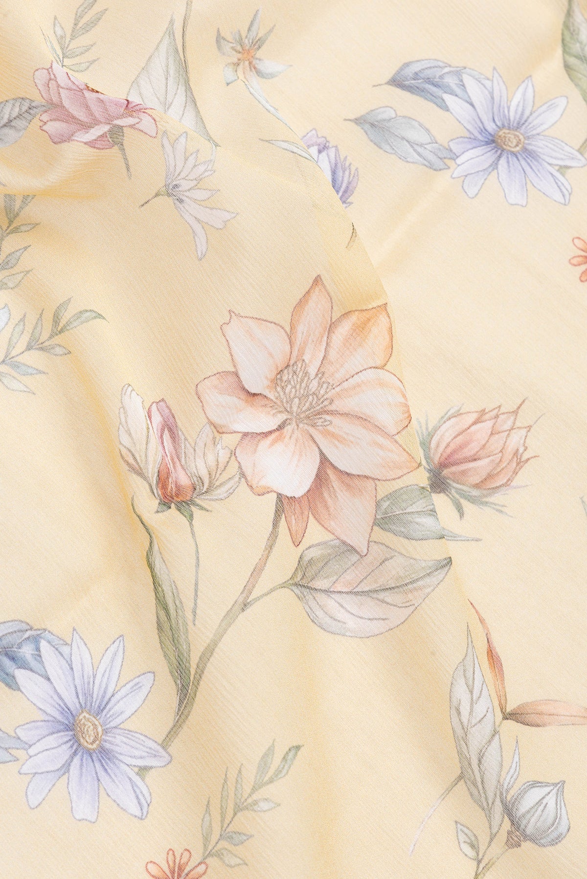 Close up of Sandal Dual Tone Mysore Chiffon Saree with Printed design on the body and Plain Border.  displaying folds