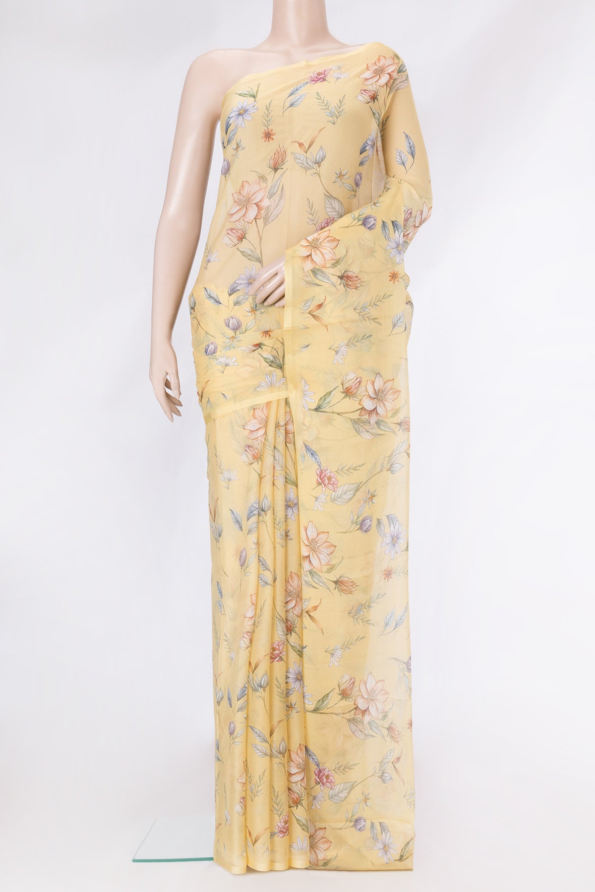 Sandal Dual Tone Mysore Chiffon Saree with Printed design on the body and Plain Border.  displayed on a mannequin