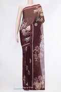 Coffee Brown Mysore Chiffon Saree with Printed design on the body and Printed Border.  displayed on a mannequin