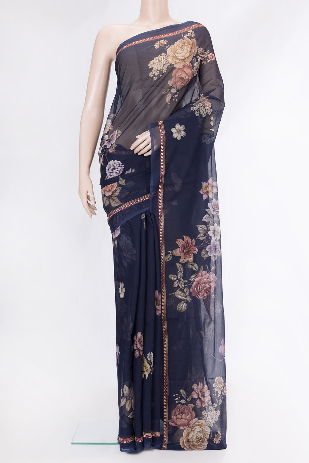 Navy Blue Mysore Chiffon Saree with Floral Print on the body and Plain Border.  displayed on a mannequin