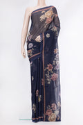 Navy Blue Mysore Chiffon Saree with Floral Print on the body and Plain Border.  displayed on a mannequin