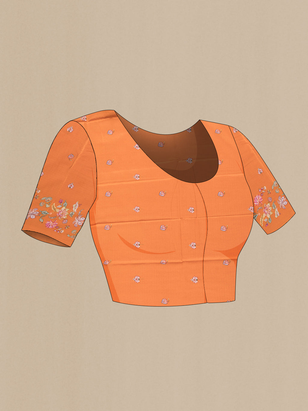Close up image of the blouse of Orange Mysore Chiffon Saree with Floral Print on the body and Without Border. 